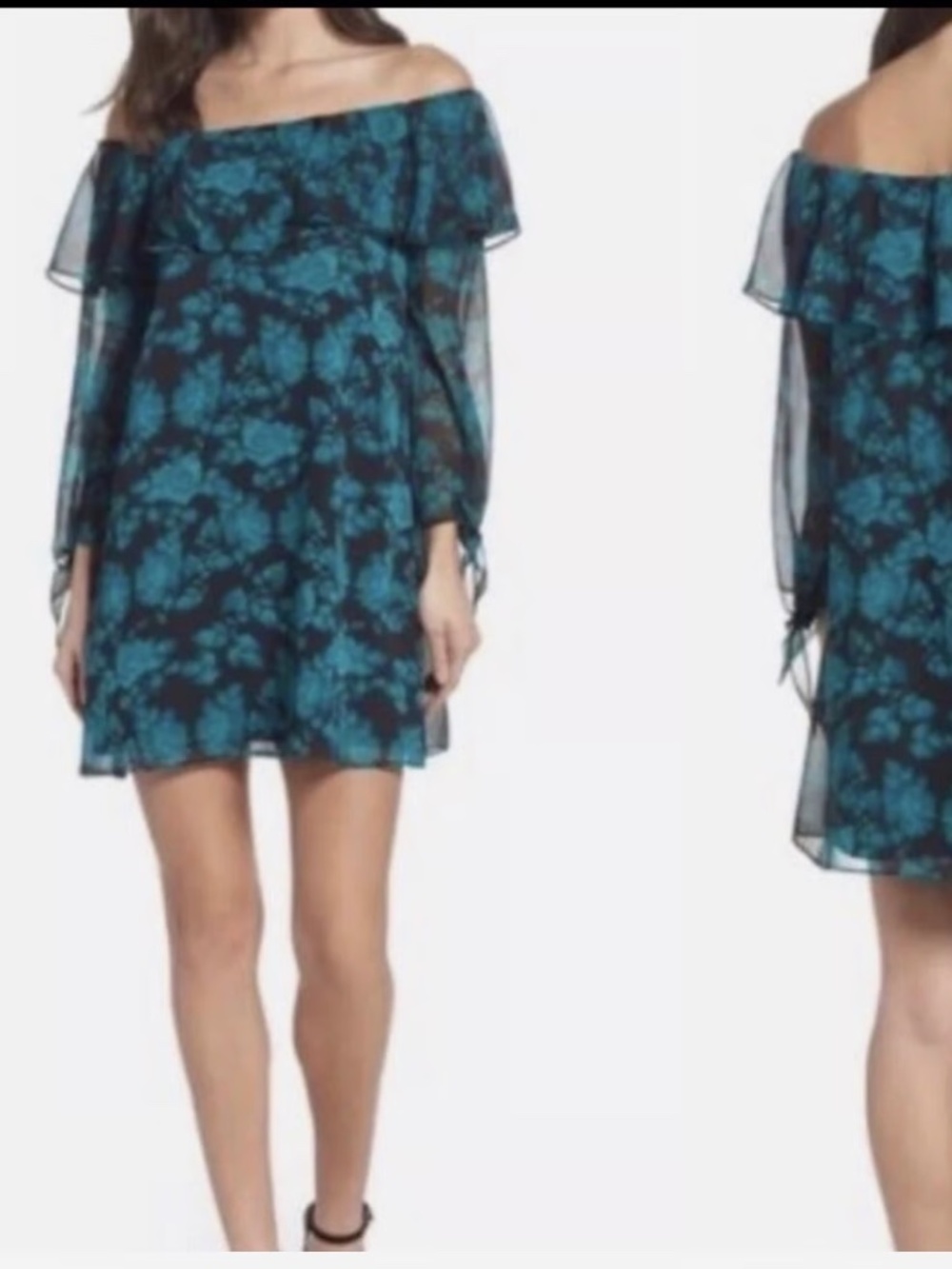 Sam Edelman Off Shoulder Floral Chiffon Dress Teal Rose Print NWT Size 14